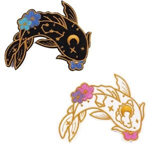 Black White Japanese Koi Fish Embroidered Patch Sew Iron On Applique Badge Lucky